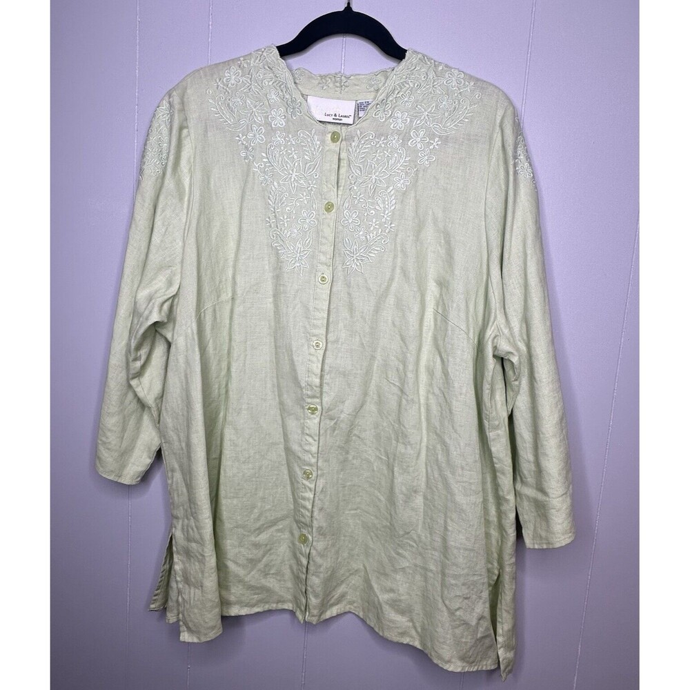 Lucy & Laurel Woman Plus Size 2X Green Blouse 100% Linen Button Up Embroidered